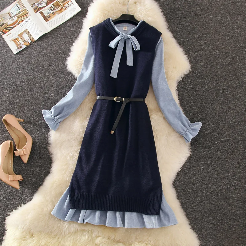 Новинка осени 2020 женские платья из 2 частей вязаный длинный свитер с оборками