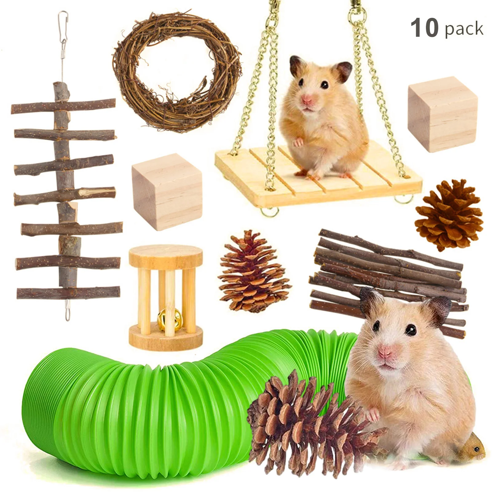 

10PCS Fun Natural Wooden Hamster Toys Hamster Chew Toy Set Apple Branch Pine Cones Molar Ring Pet Supplies