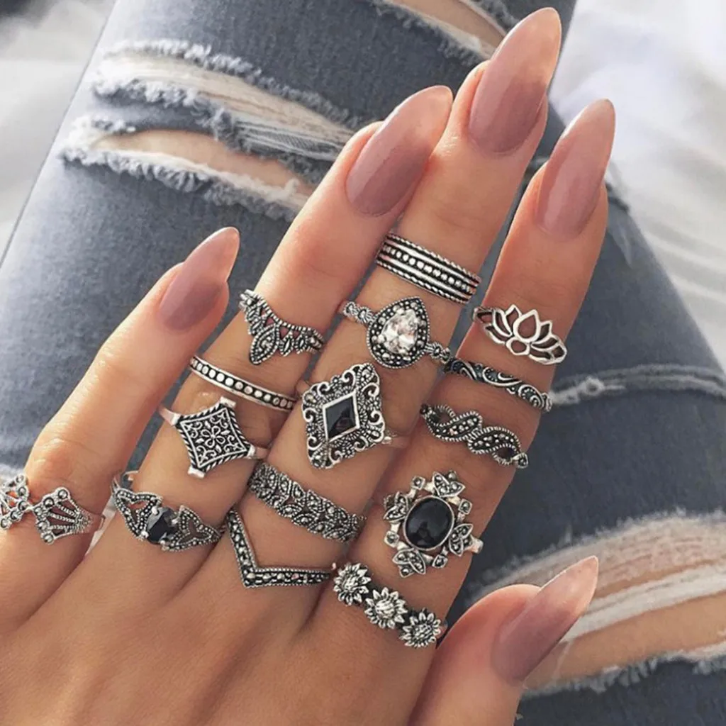 15pcs Silver Color Hollow Lotus Opal Vintage Rings Women Knuckle Ring Set for Mid Finger Thin Bague anillo12.27 | Украшения и