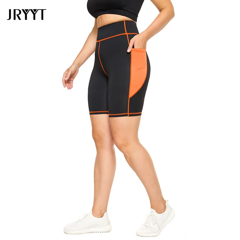 

JRYYT Spliced Elastic Waist Sports Shorts Women Tummy Control Yoga Tights Female Seamless Biker Shorts Fitness Gym Leggings