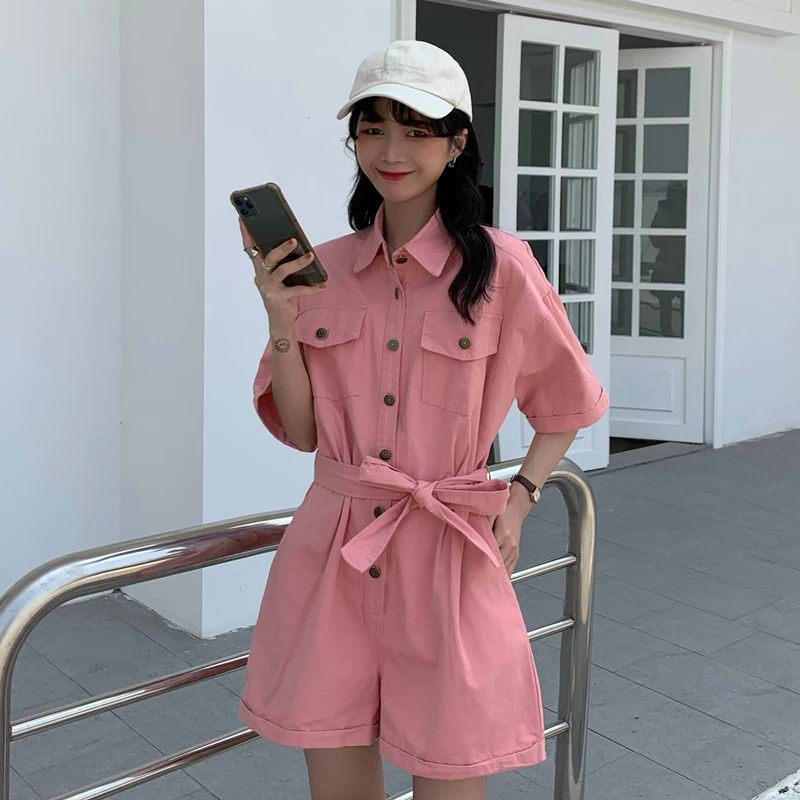 

Korean Style Sashes Lapel Female Trendy Rompers Women Summer Straight Bodysuit Short Loose Leisure Cute Holiday Street New Chic