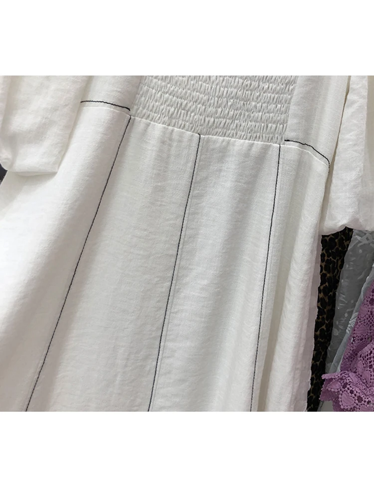 

Open-line decoration single-row button square collar leaky back pleated Zou waist waist puff sleeve dress ladies summer new