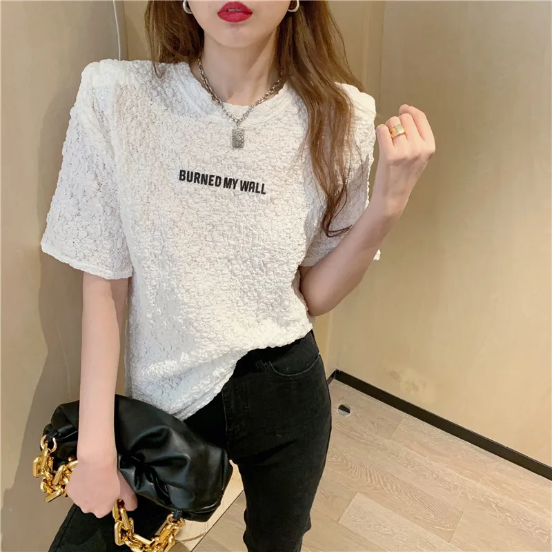 

2021 Summer New Harajuku Style Net Red Short-Sleeved T-shirt Women's Ins Trendy Padded Shoulder Design Loose Mid-Length Top