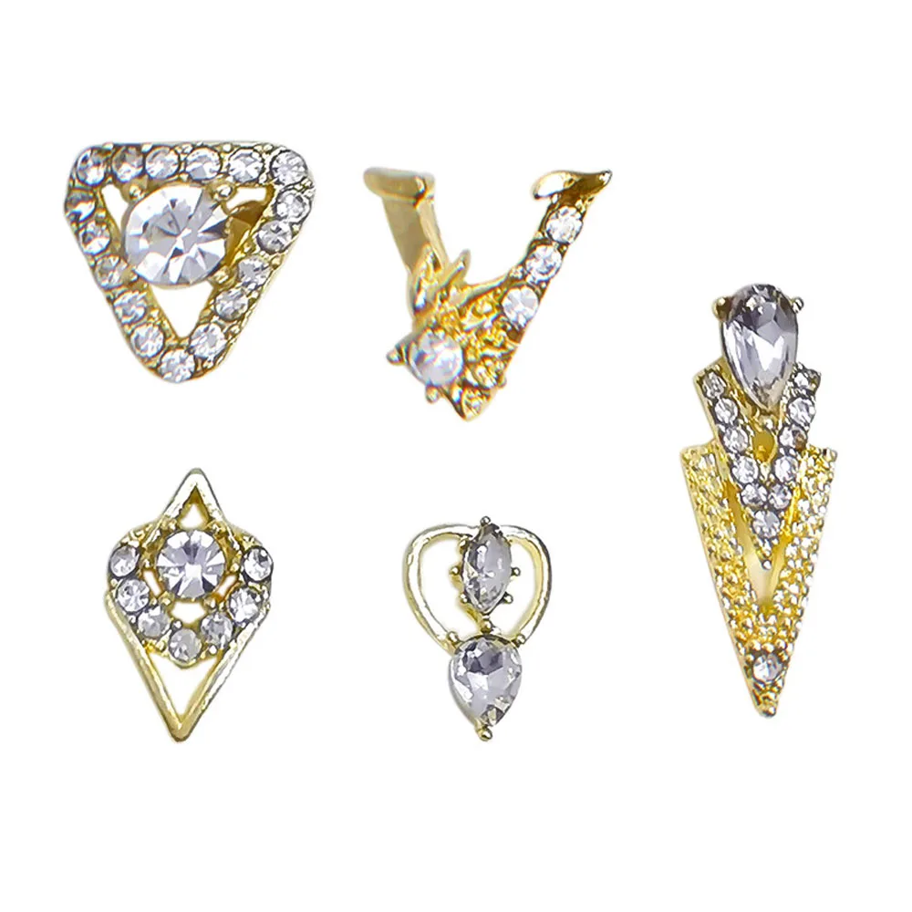 10Pcs/lot 3D Nail Art Jewelry Charms Heart/V Shape/Triangle/Rhombus Design Decorations Gold/Silver Alloy Crystal Nail Rhinestone images - 6