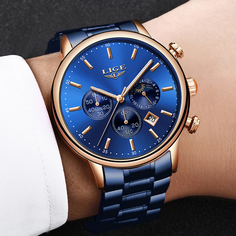 LIGE модные синие мужские часы лучший бренд Роскошные полностью стальной сетчатый