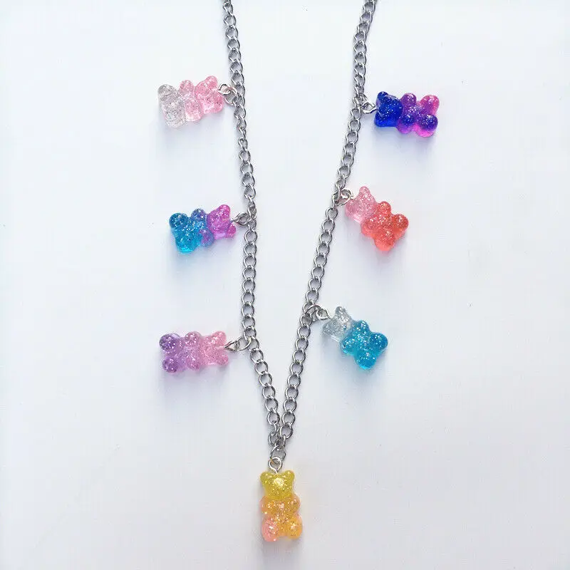 

7 Colors Rainbow Cute Jelly Bear Gummy Necklaces for Women Girls Cool Punk Hip Hop Resin Necklaces Accessories