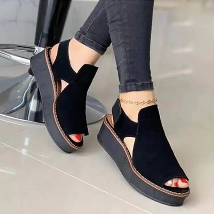 

2021 Summer New Ladies Sandals Solid Color Velcro Fish Mouth Open Toe Thick Bottom Increased Hollow Out Large Size Women Sandals