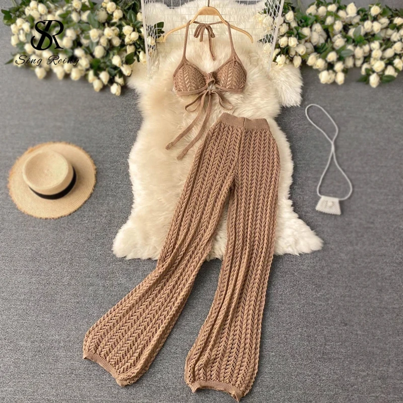 SINGREINY женский летний дизайнерский вязаный комплект сексуальный короткий топ с