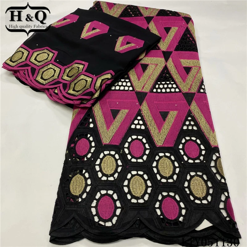 

H&Q latest 100% cotton swiss lace fabric 2021 high quality nigerian laces embroidery with stone 5+2 yard for sewing dresses