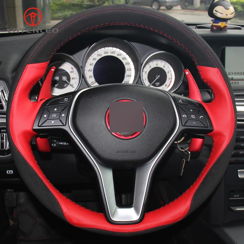 

LQTENLEO Red Leather Suede Car Steering Wheel Cover for Mercedes-Benz A-Class 2013-2015 B-Class E-Class 2011-2014 CLA-Class 2014