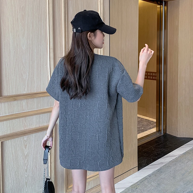 

Harajuku Women's T-shirts mid-length loose Plus Size Top Female Letter Jacquard O-neck Short Sleeves Loose Bear White Tee Summer