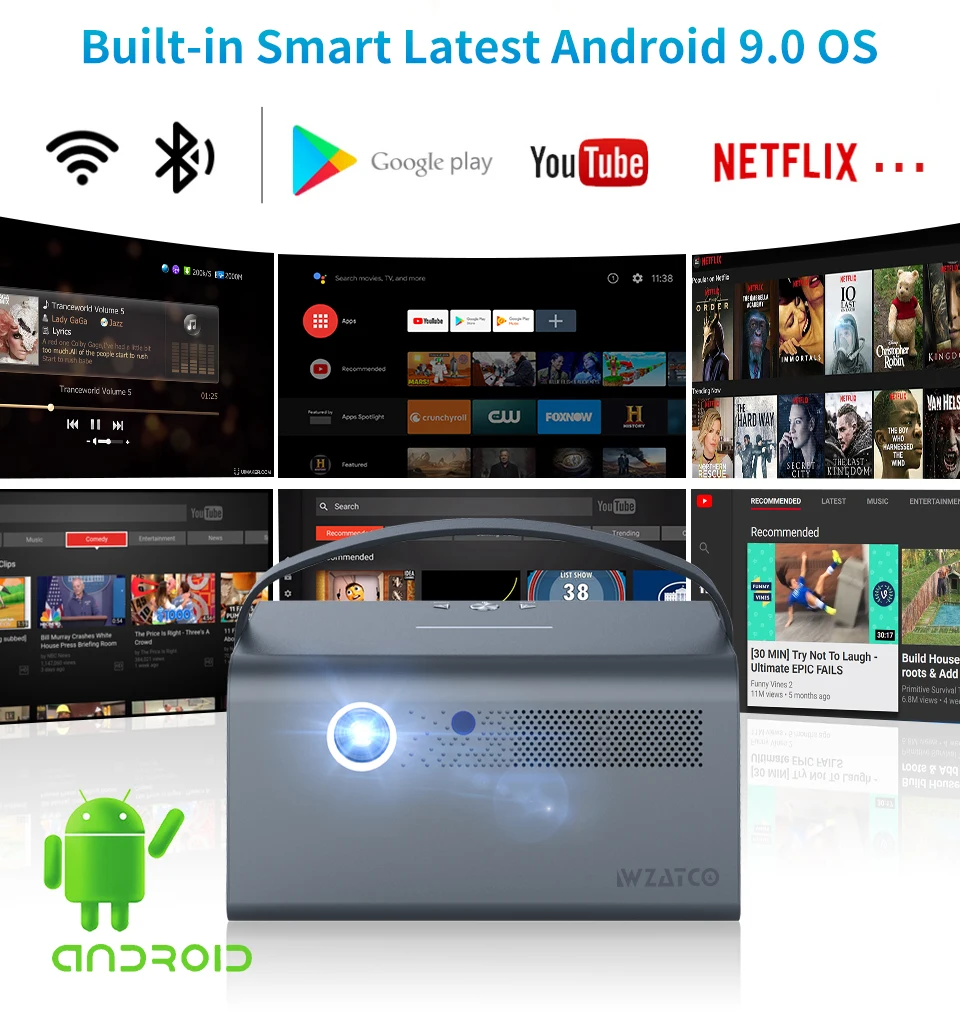Умный проектор WZATCO T7 300 дюйма Android 15600 Wi-Fi Bluetooth 5 | Электроника