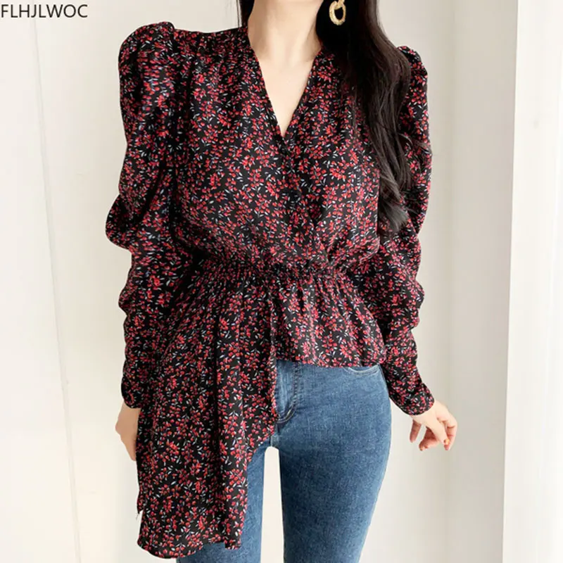 

Осень 2020 базовые рубашки с длинным рукавом элегантные офисные женские блузы с V-образным вырезом с цветочным принтом Ретро Винтажные женски...