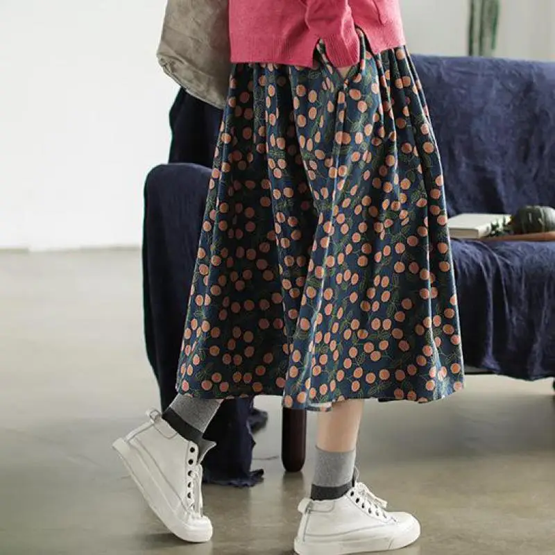 Осенняя винтажная хлопковая юбка в горошек с карманами простая Универсальная