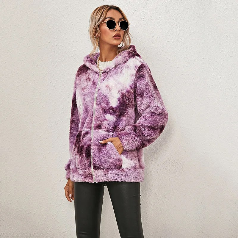 

Autumn and Winter Fashion Tie Dye Printing Long Sleeve Hooded Zipper Plush Thickened Women's Casual Coat