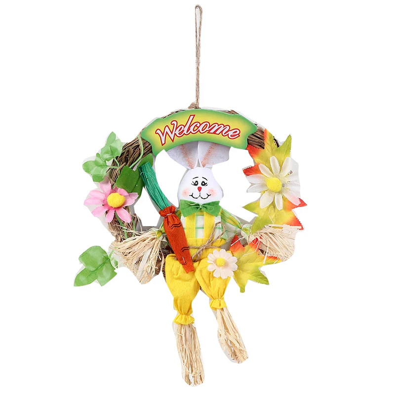 

Easter Rabbit Wreath Decor Straw Bunny Garland 30*23cm Ornament Prop for Wall Door Festival FPing