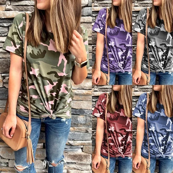 Женская камуфляжная футболка с камуфляжным принтом Повседневная короткими