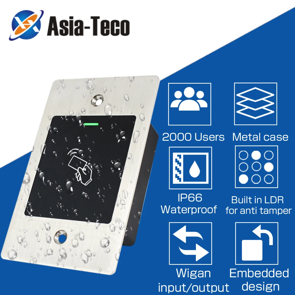 

IP66 Waterproof Metal RFID reader Access Control RFID 125KHZ Reader Embedded RFID Access controller 2000 user