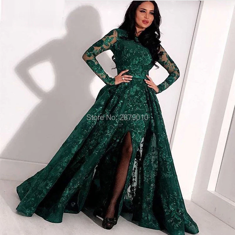 

A-Line Green Scoop Long Evening Dress Floor-Length Sash Full Sleeves Women Dress The Skirt Split Party Dress Formal Dress Dubai