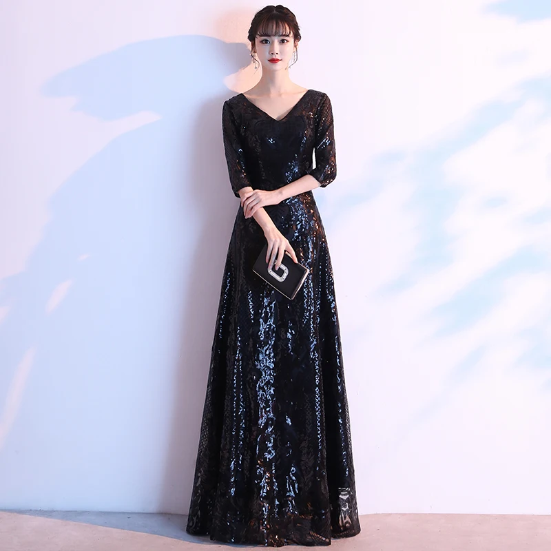 

AE721 Robe De Soiree Evening Dress 2020 Black Half Sleeves Sequined V-Neck Navy Blue Floor-length Dinner Gowns