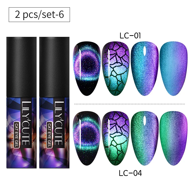 2PCS set 6 LILYCUTE 9D кошачий глаз УФ-гель замачиваемый лак для ногтей для УФ-и светодиодной лампы Магнит Лазерный Сияющий Красочный лак для ногтей лак все для маникюра - Цвет: 2PCS set 6