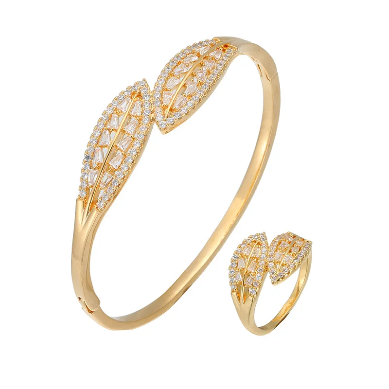 

Trendy Clamper Leaf CZ Bangle Ring Set RB61454 Jewelry Women Bling Charm Elegant Bracelet Party Gold Silver Plated