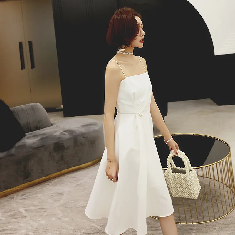 

2021 White Gowns Women Summer Strapless Backless Elegant Sleeveless Solid Draped Middle Length Spaghetti Strap Female Dresses