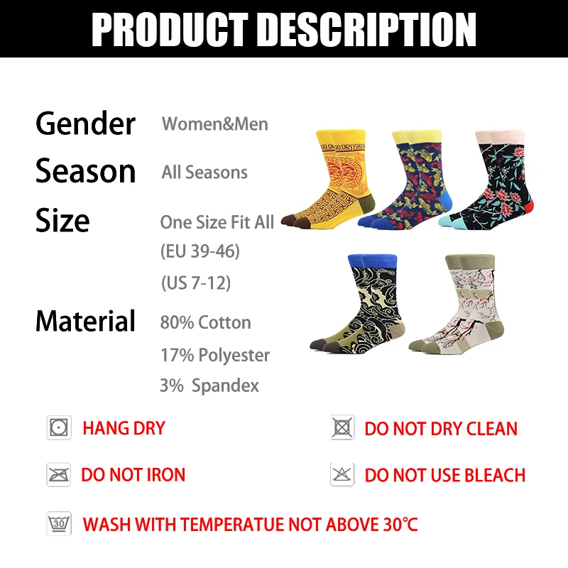 

Men Fashion Fun Happy Design Sailor Skateboard Cotton Socks colorful pattern Goldfish Peach Flower Safflower Combed SoX Cotton