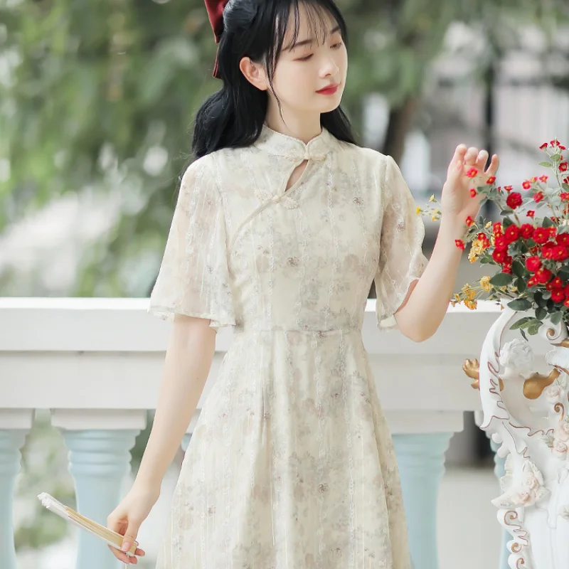 

Cheongsam Hanfu Improved Chiffon Dress Women Summer New Sweet Little A-line Skirt Retro High Waist Stand Collar Zipper