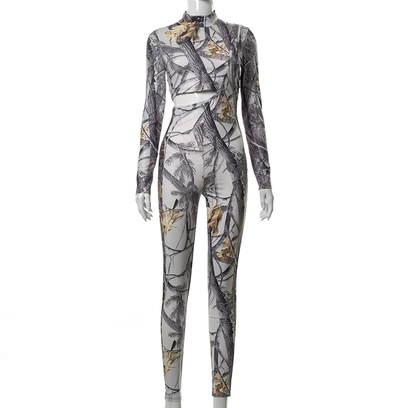 

Bomblook 2021Branches Printing Round Neck Long Sleeve Midriff Tops Single Strap Pants 2Piece Suits Summer Women Fashion Outifits