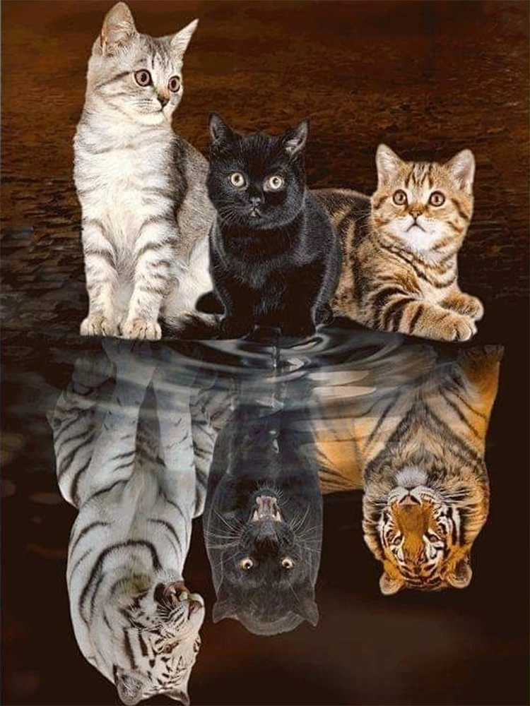 

5D Diamond Painting Full Round Square Animal Cat Diamond Embroidery Tiger Reflection Rhinestones Mosaic Home Decor