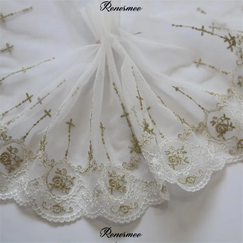 Мягкая фатиновая ткань цвета слоновой кости с золотой нитью вышивка Venise