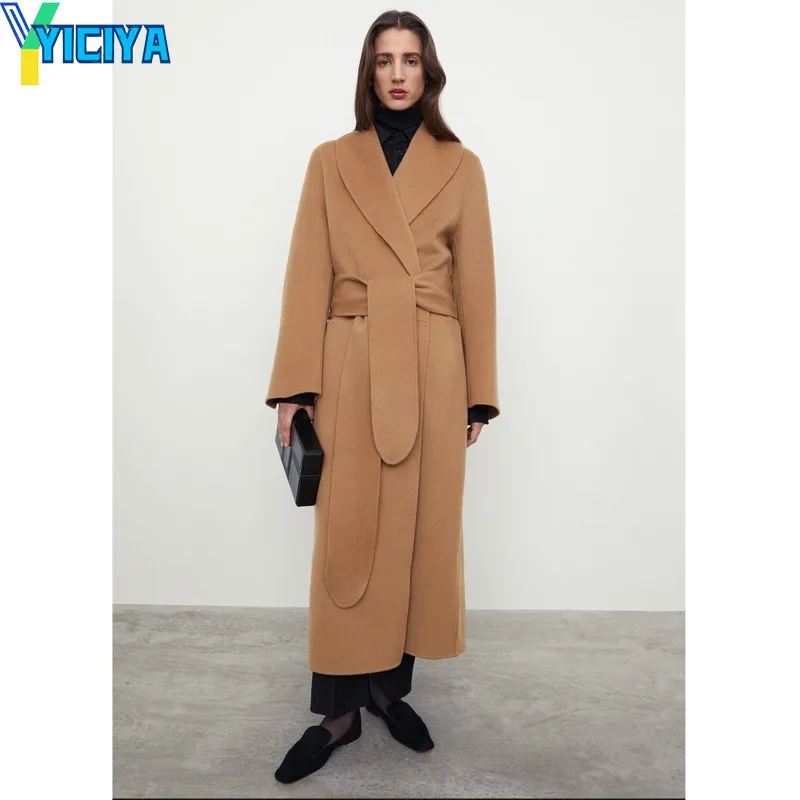 

YICIYA Totem* Wool Women Long Coat 2022 Winter Season Oversize V-neck Lethe Pocket Met Woman Cardigen Belt Trench Cashmere Coats