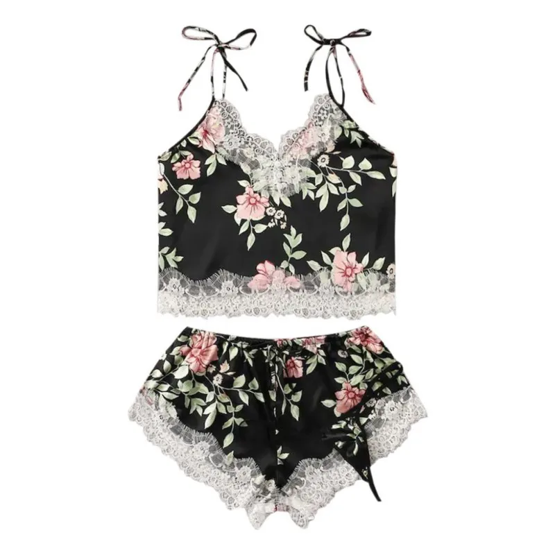 

Sleepwear Sexy Imitation Silk Pajama Set Floral V-Neck Pyjamas Sleeveless Cute Women Cami Tops and Shorts
