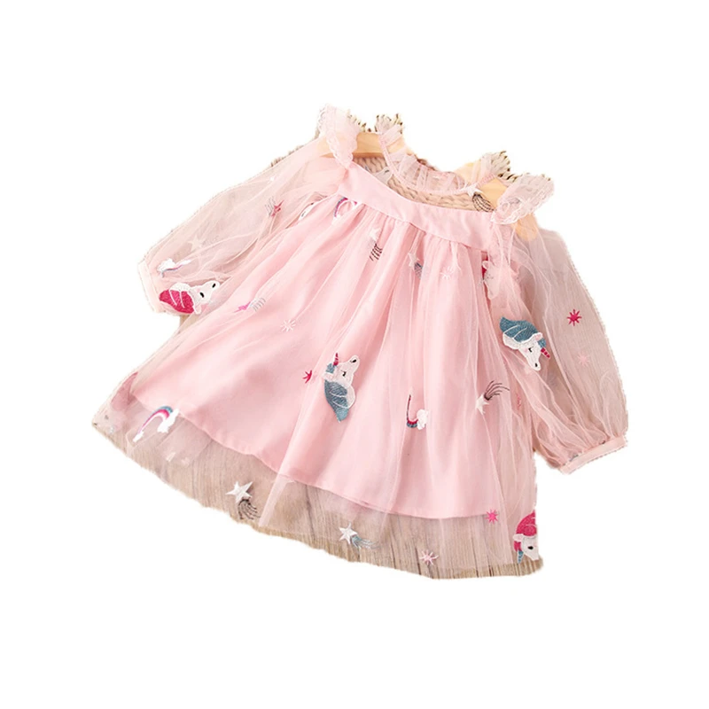 Весенне-летнее платье для девочек Новое Детское с единорогом Кружевное вышивкой