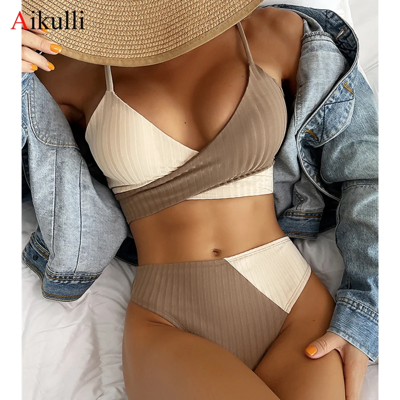 Комплект бикини с высокой талией купальник в стиле пэчворк женский рубчик