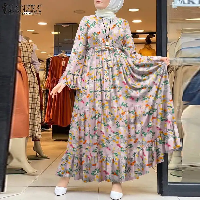 

2022 ZANZEA Kaftan Flroal Dress Women's Sundress Muslim Printed Vestidos Female Casual Marocain Turkish Robe Femme Ovesized