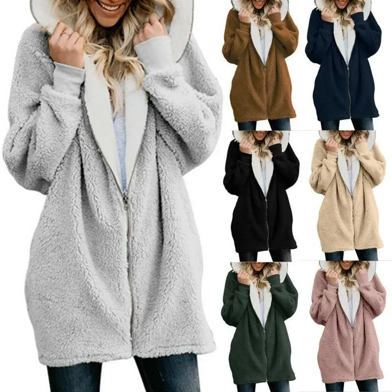 

Plus Size Womens Winter Warm Fluffy Hooded Jacket Coat Zip Up Outwear Overcoats