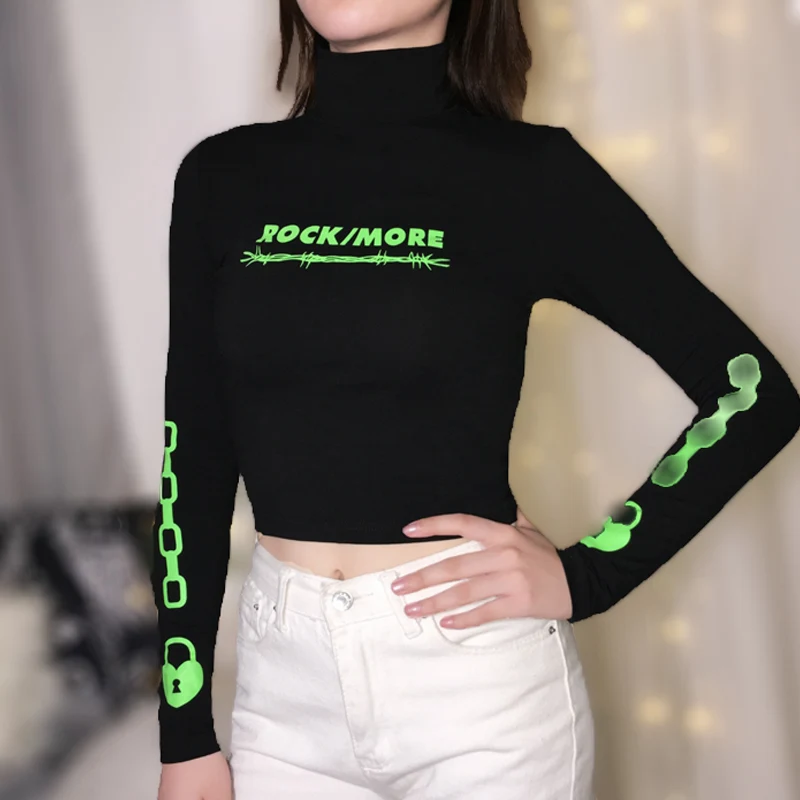 Black SheBlingBling мода сердце замок цепи буквы печати черная футболка Женские Короткие топы Водолазка с длинным рукавом Повседневные женские футболки - Цвет: Black