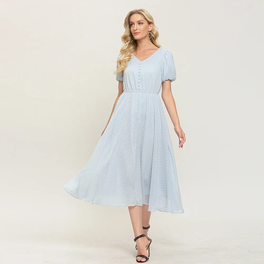 

JLI MAY Women Plain Midi Dress Summer Lady Elegant Party Fashion A-LINE V-Neck Mid-Calf Puff Sleeve Light blue