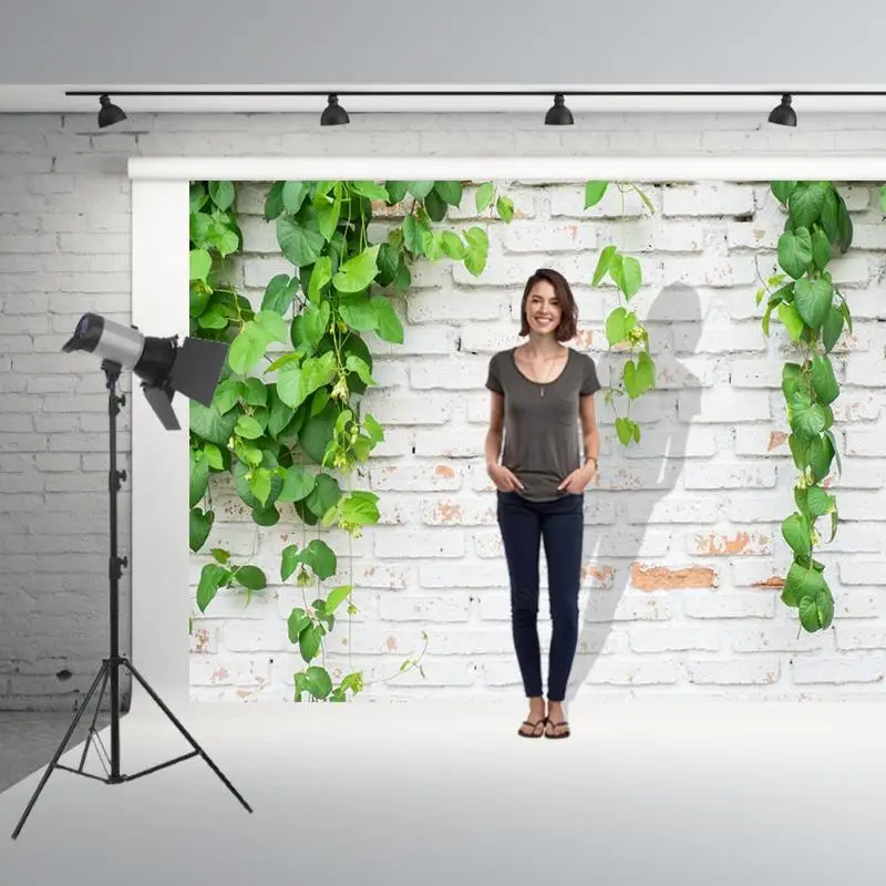 Фон для фотосъемки с зелеными растениями цветами кирпичной текстурой тканевая