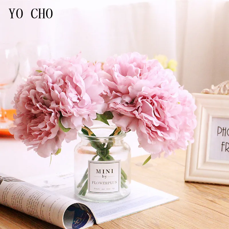 

YO CHO Silk Peony Artificial Flower Single Branch Fake Peony Flowers Pink Home Wedding Decoration Table Decor Flower Arrangement