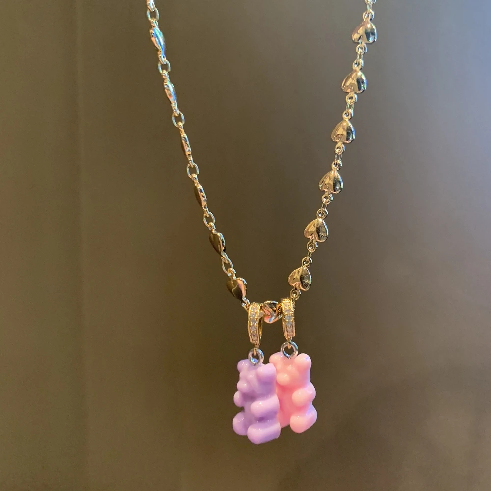 

Korean Cute Gummy Bear Crystal Zircon Pendant Necklaces for Women Colorful Resin Bears Heart Metal Chain Choker Necklace Jewelry