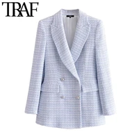 traf women fashion double breasted tweed check blazer coat vintage long sleeve pockets female outerwear chic veste