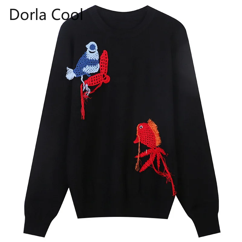

New Designer Cute Crochet Golden Fish Sweaters For Women Autumn Thick Knitted Pullovers Female Luxury Embroidery Clothing Tops
