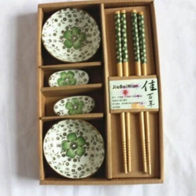 Chopsticks Dish Set Bamboo Gift Box Ceramic Chinese Flower Pattern Kitchen Supplies Tableware |