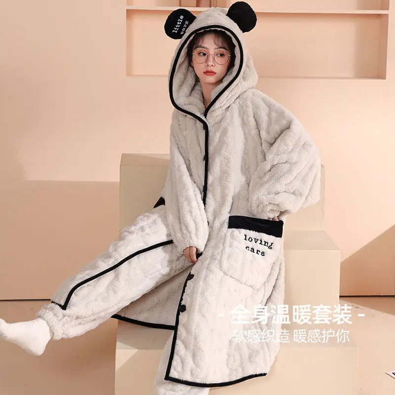 Women Robe Sets Autumn and Winter 2021 New Nightgown Female Thickened Padded Pajamas Female Pajamas Set Pajama Woman Sleepwear