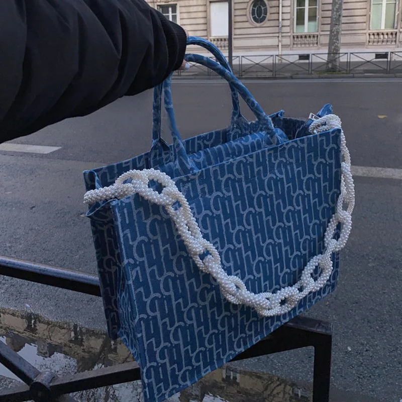 Сумка-тоут женская из денима вместительная сумочка для покупок с принтом на