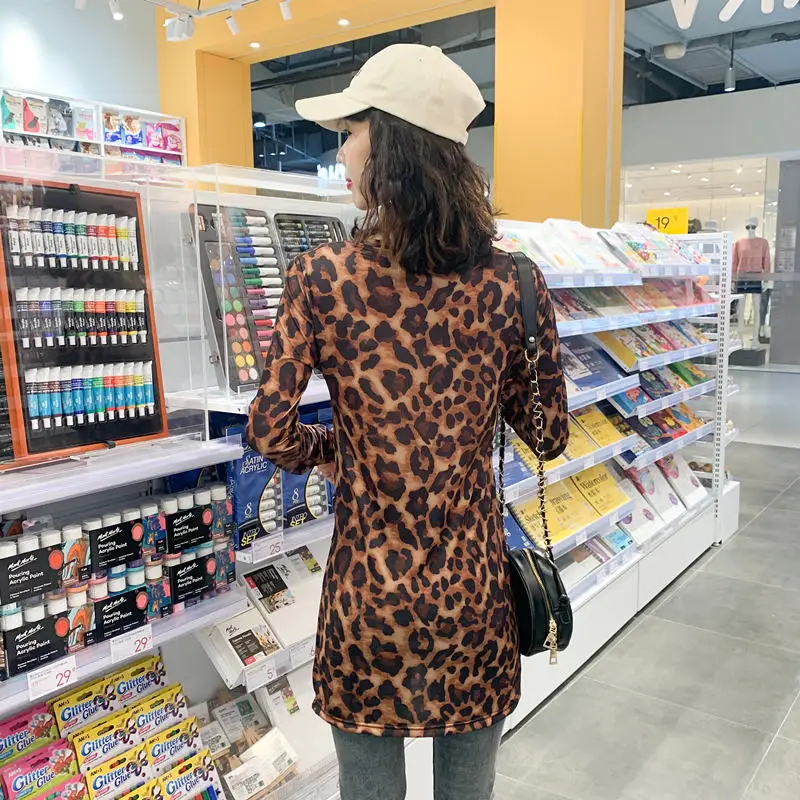 

2021 spring new T-shirt women's mid long slim leopard print top irregular long sleeve fashion