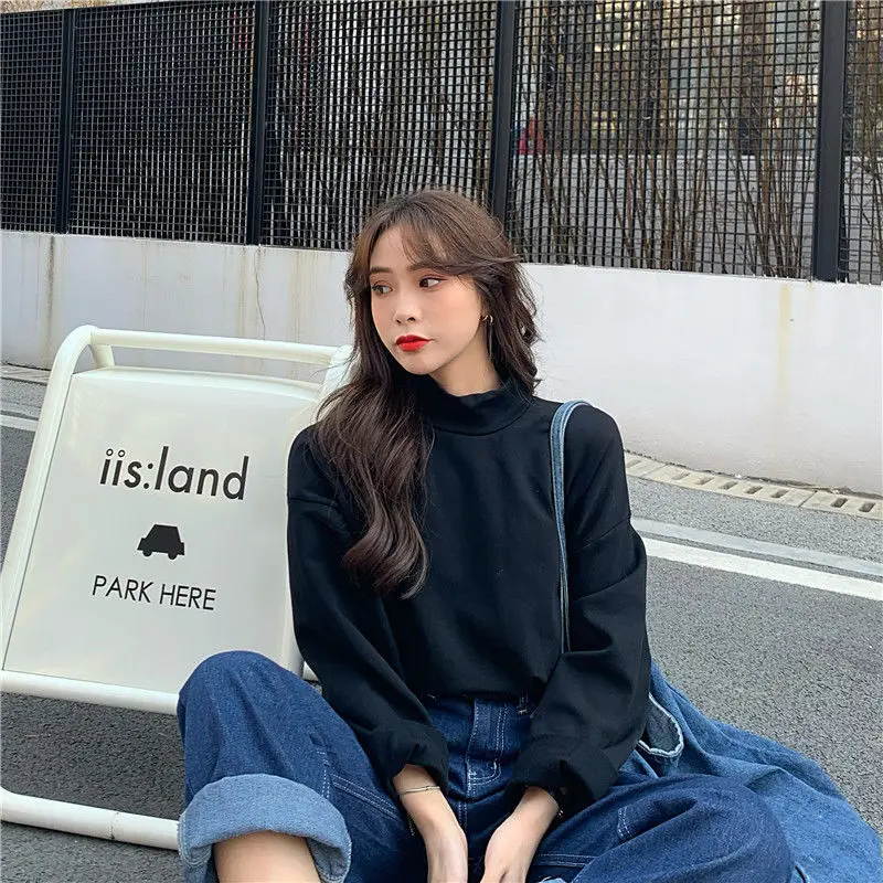 

Women T shirts Long Sleeve Thicken Plus Velvet Warm Turtleneck Korean Style Loose Woman Solid Simple All-match Daily Tshirt Ins